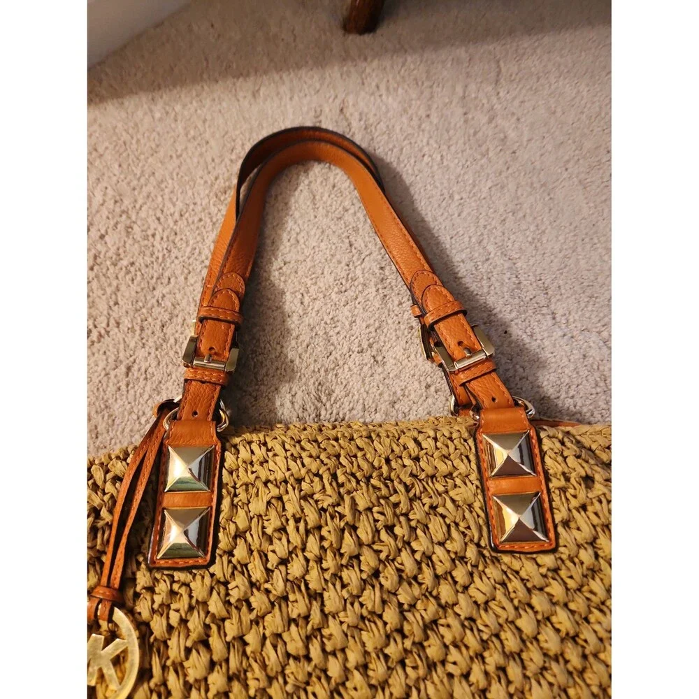 Michael Kors Brown Rattan Woven Tote Bag w/ Orange Straps